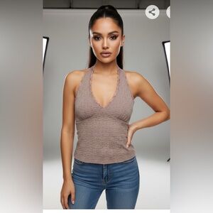 Elegant Lace Trim Halter Top - Brown